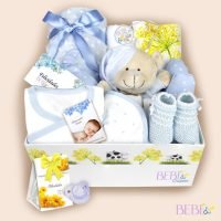 Canastilla bebe bombón en color azul en pañalera decorada de BebéChupete