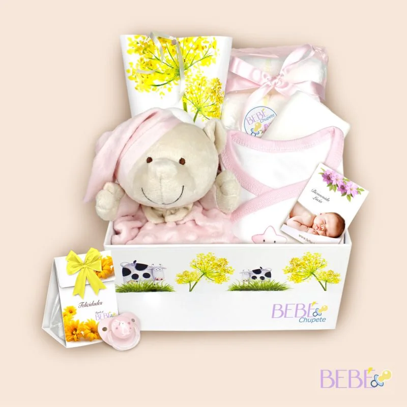 Cesta bebe mini bombón en color rosa en pañalera decorada de BebéChupete