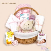 Cesta Recien Nacido Mimos en color rosa con productos de BebeChupete.
