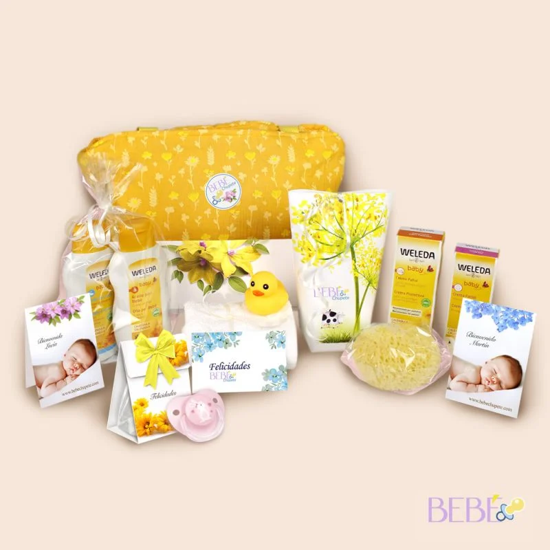 Contenido de la Cesta Bebe Weleda con productos de su marca y de BebeChupete