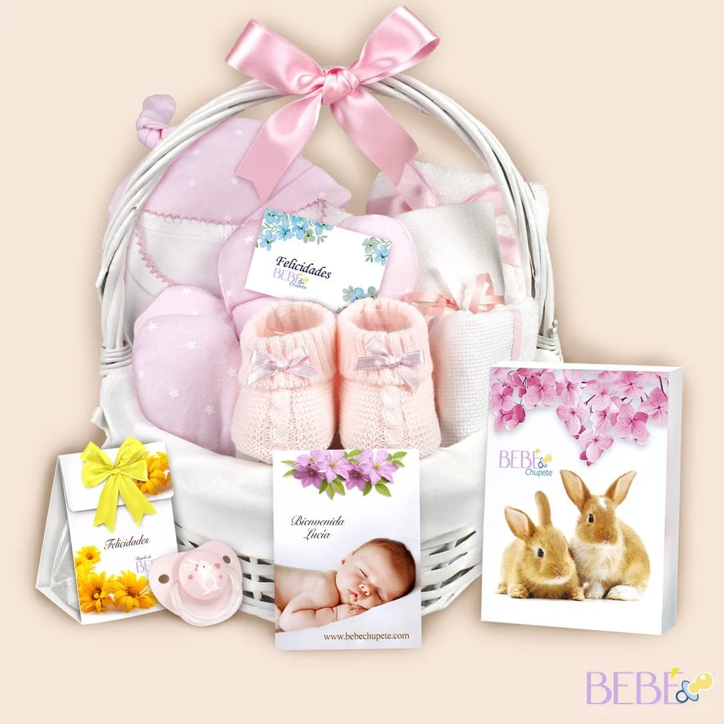 Cesta Bebe Bienvenida Basic en color rosa de BebéChupete