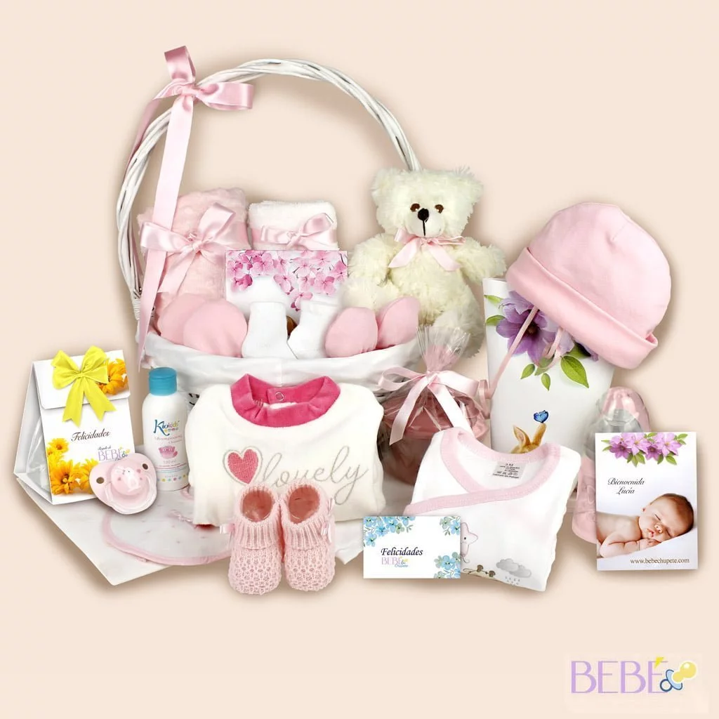 Productos de la Canastilla Bebé Mimbre Osito en color rosa de BebéChupete