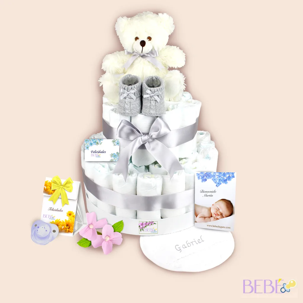 Tarta de Pañales Personalizada con el nombre del Bebé en gris