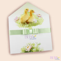 Regalo de nacimiento en forma de casita con patitos y lazo de raso verde