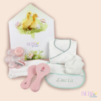Pack de regalo para recien nacido en forma de casita en color verde y rosa