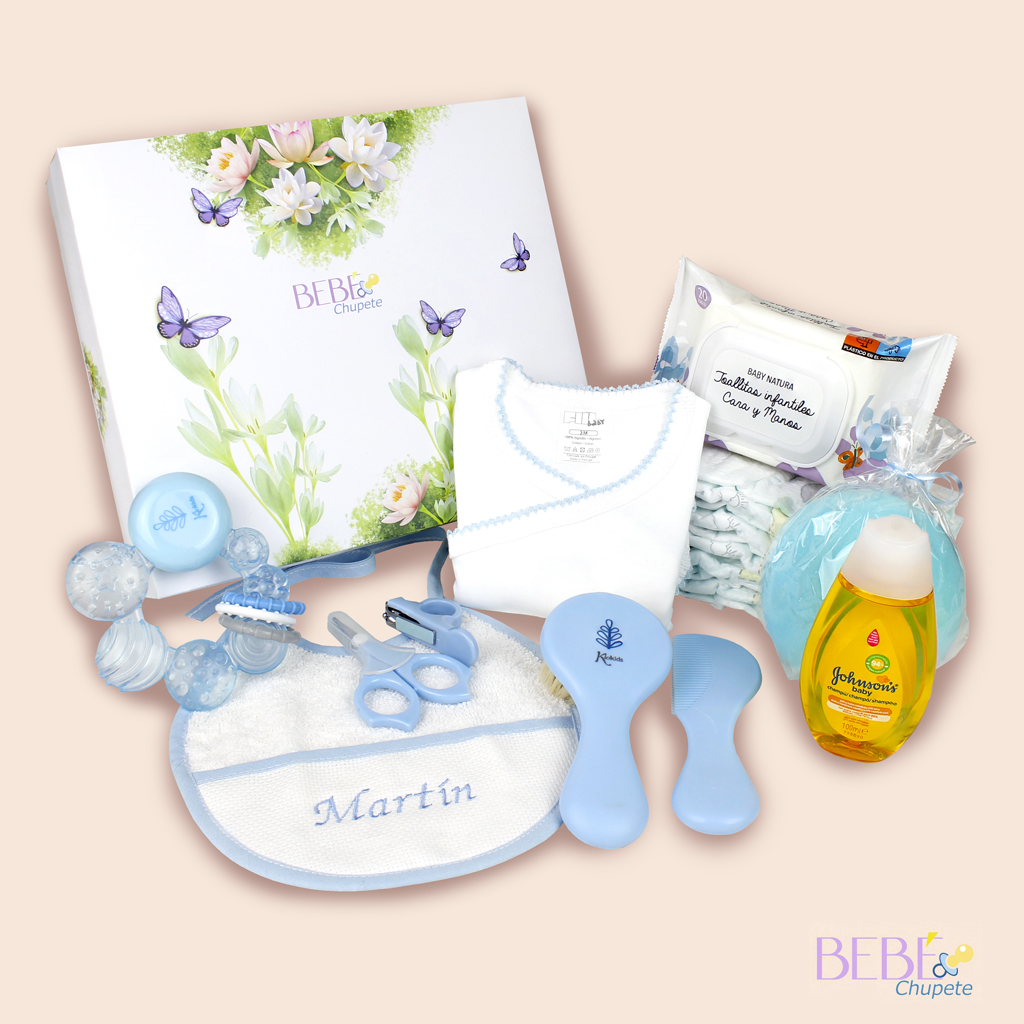 Cesta de bebe baño como regalo de nacimiento en color azul