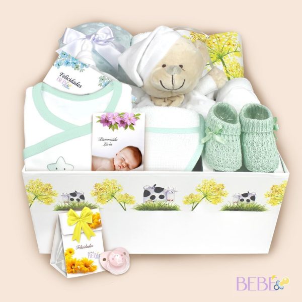 Canastilla bebe bombón en color verde en pañalera decorada de BebéChupete