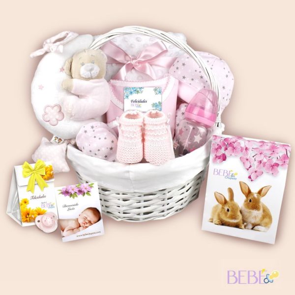 Cesta Mimbre Bebe Musical en color rosa de BebéChupete